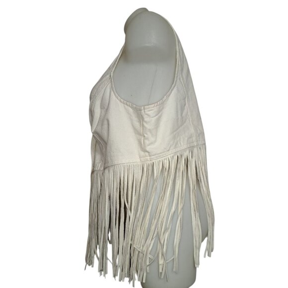 Boho Fringe Vest Momens OX Beige Cream Button Front Western Festival Top - Picture 3 of 4